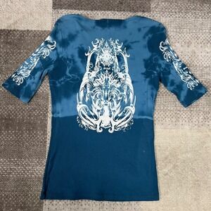 Y2K Sledge USA A New Kind Blue Tie Dye Graphic Print V Neck Ribbed Tee Top L